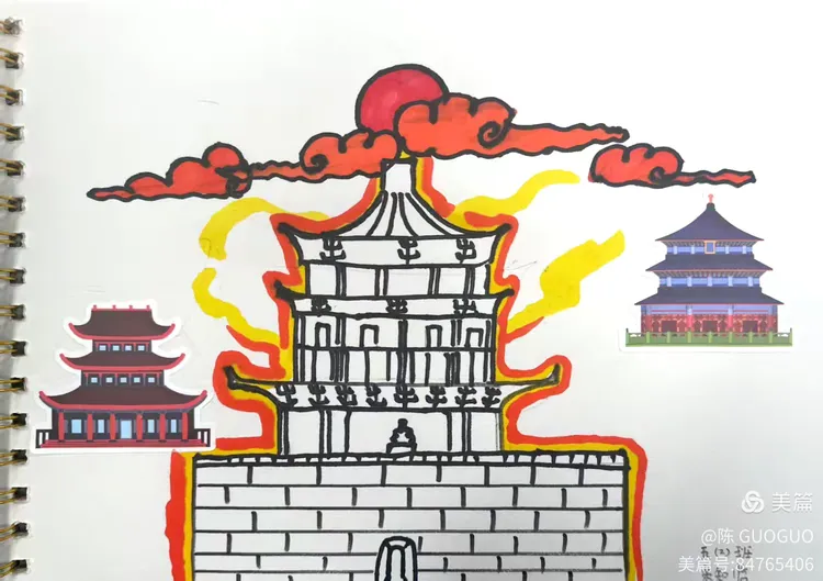 《家乡的古建筑》五(2)班美术课堂作业展示